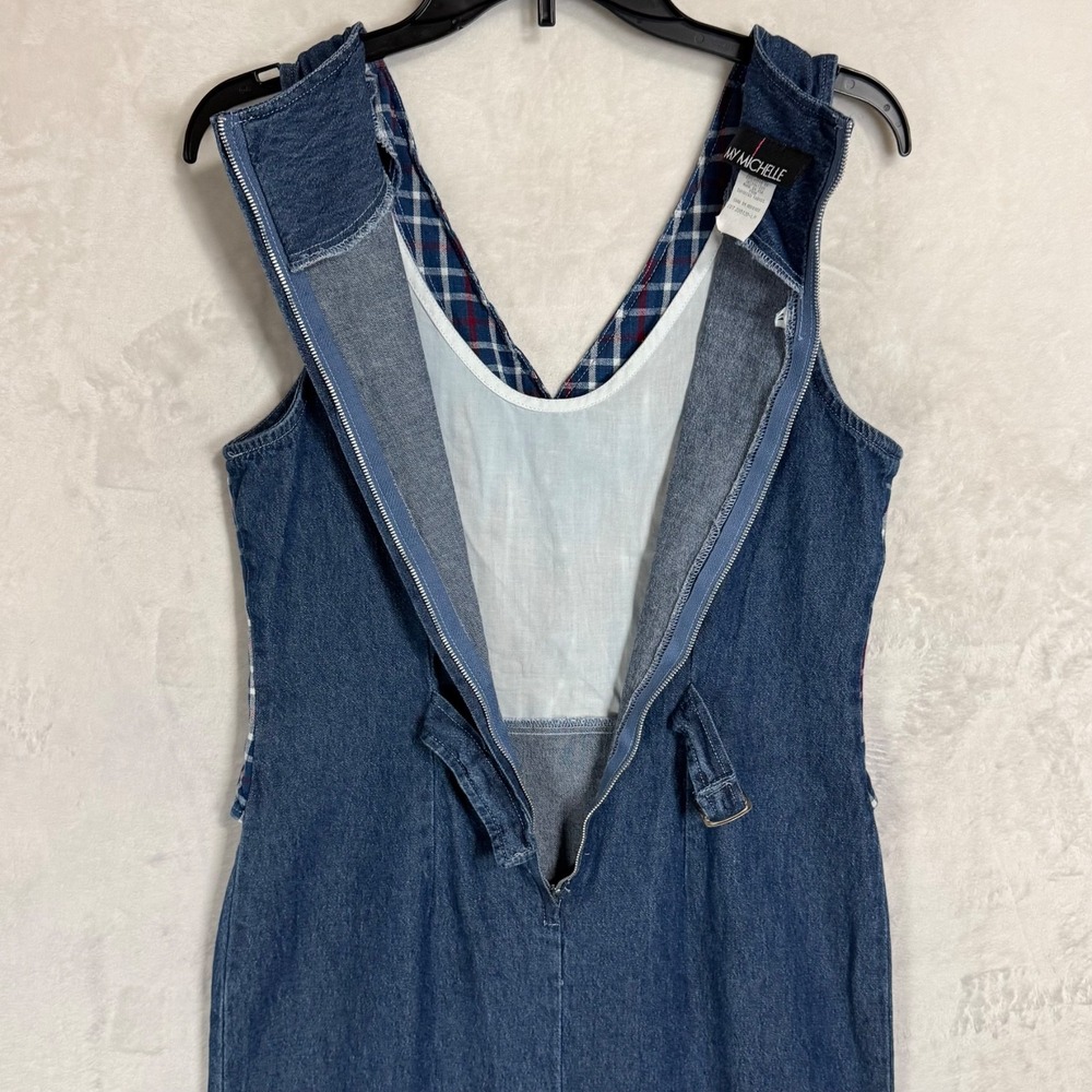 Vintage 90s Plaid Denim Midi Vest Dress Size S Jumper Cottage Teacher Ivy Preppy - Picture 7 of 15